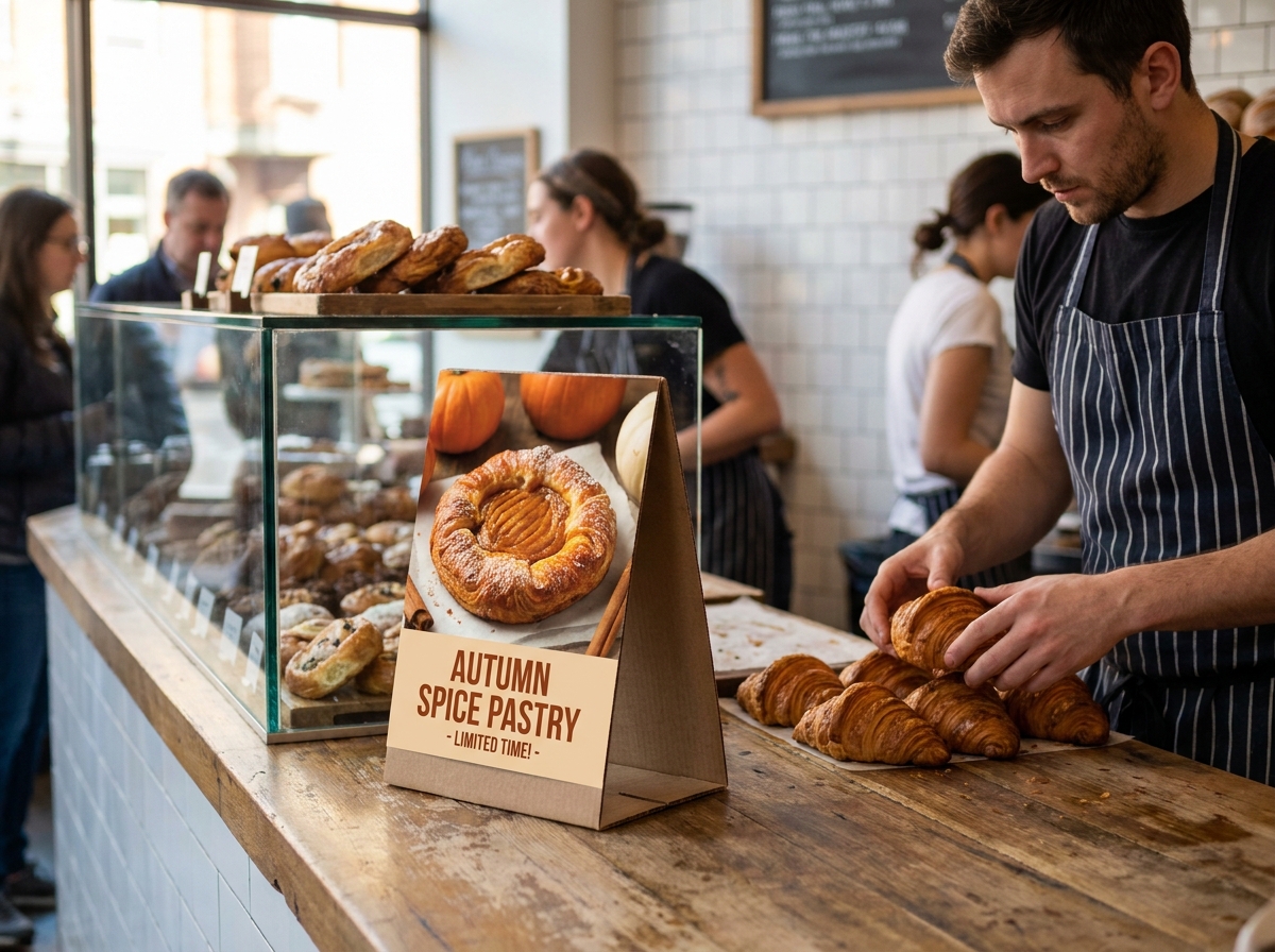 Présentoir PLV de comptoir dans une boulangerie artisanale mettant en avant une promotion saisonnière, avec un boulanger arrangeant des viennoiseries derrière le comptoir en bois