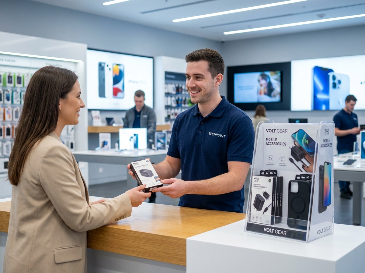 Stand PLV de comptoir dans un magasin d'électronique avec un vendeur et une cliente en interaction, illustrant l'efficacité de la communication visuelle au point de vente