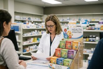 Présentoir PLV de comptoir en pharmacie avec une pharmacienne en blouse blanche, illustrant l'intégration d'une communication point de vente au plus près du client