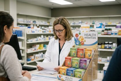 Présentoir PLV de comptoir en pharmacie avec une pharmacienne en blouse blanche, illustrant l'intégration d'une communication point de vente au plus près du client