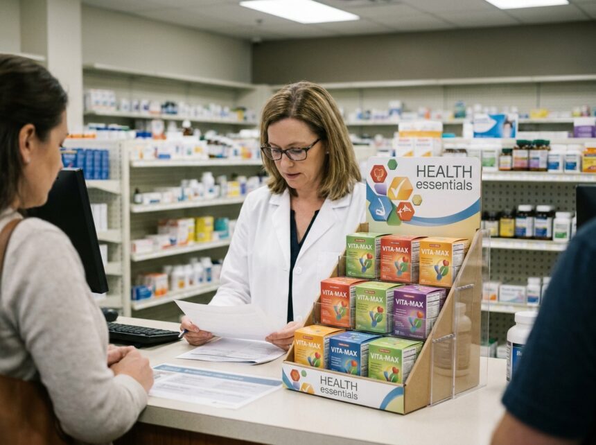 Présentoir PLV de comptoir en pharmacie avec une pharmacienne en blouse blanche, illustrant l'intégration d'une communication point de vente au plus près du client