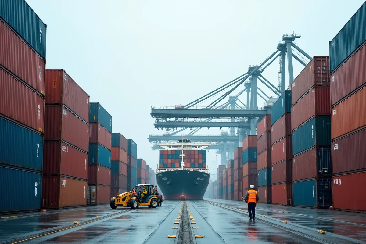 Port commercial international de la zone EMEA avec conteneurs de fret empilés et navire cargo à quai, symbolisant les échanges commerciaux entre Europe, Moyen-Orient et Afrique