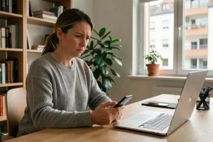 Femme dépannant un problème de connexion internet sur son ordinateur portable et son smartphone dans un bureau à domicile à Grenoble