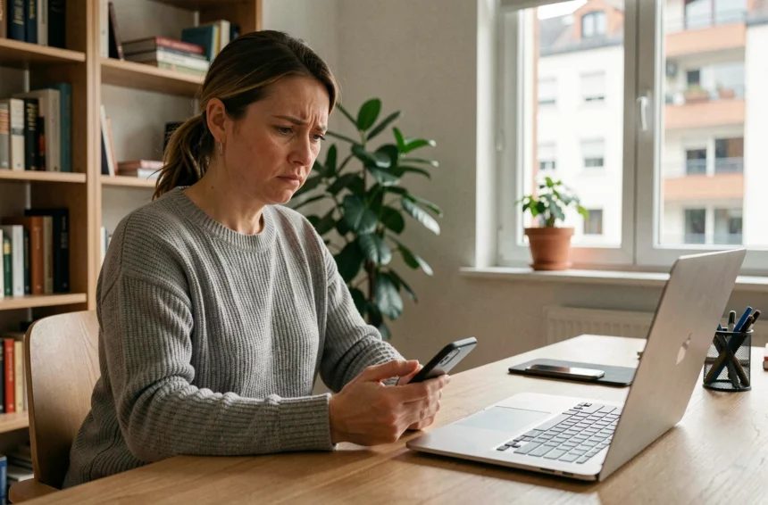 Femme dépannant un problème de connexion internet sur son ordinateur portable et son smartphone dans un bureau à domicile à Grenoble