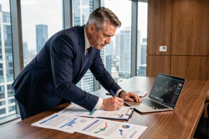 Professionnel en costume analysant des graphiques de cryptomonnaies sur un bureau dans un bureau moderne avec vue sur la ville