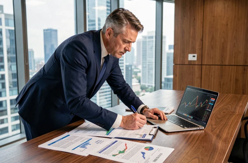 Professionnel en costume analysant des graphiques de cryptomonnaies sur un bureau dans un bureau moderne avec vue sur la ville