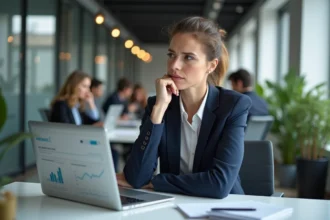 Femme professionnelle perplexe devant un tableau de bord d'abonnement B2B sous-performant sur son ordinateur portable au bureau