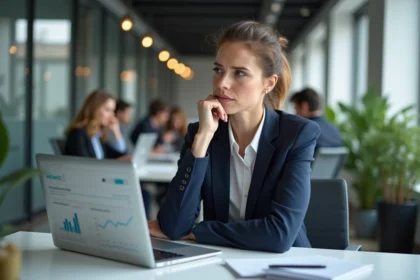 Femme professionnelle perplexe devant un tableau de bord d'abonnement B2B sous-performant sur son ordinateur portable au bureau