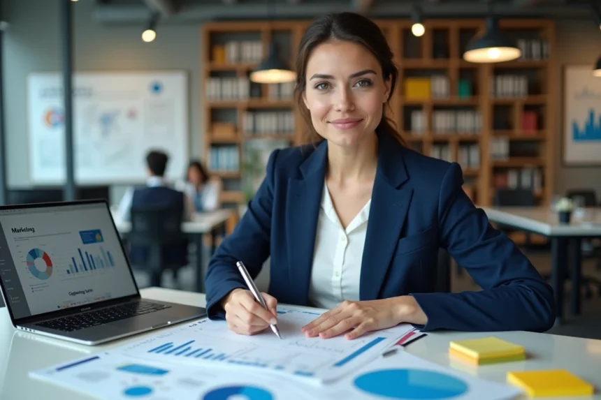 Professionnelle en blazer marine analysant des rapports marketing et des tableaux de bord numériques dans un bureau moderne, illustrant une cellule de veille stratégique