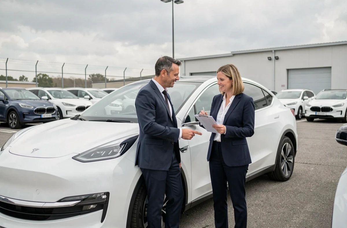 Deux professionnels de l'automobile discutant d'un véhicule électrique dans un parc de flotte d'entreprise