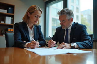 Deux professionnels en réunion d'affaires attentifs aux documents