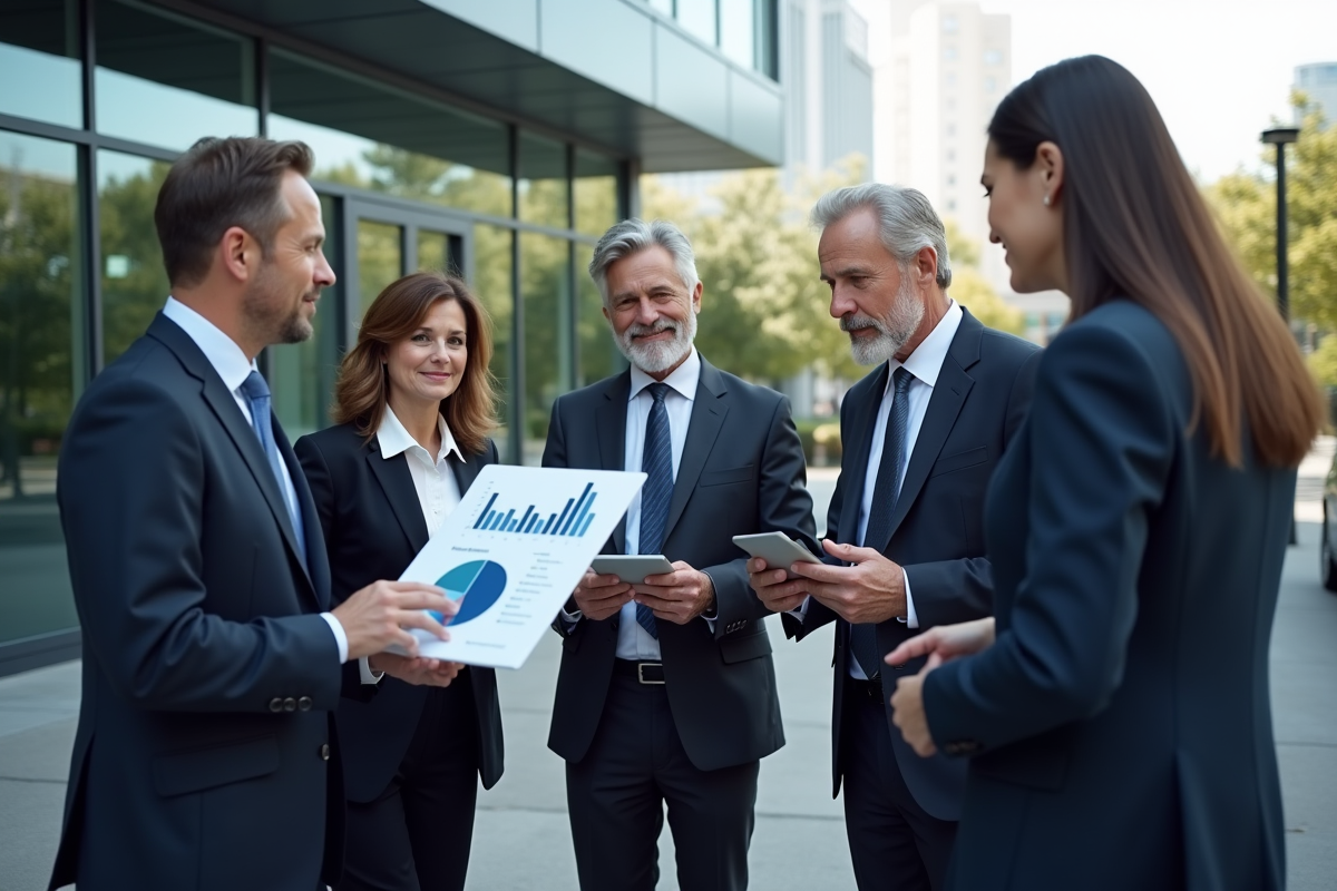 Groupe de professionnels discutant avec graphique sur tablette