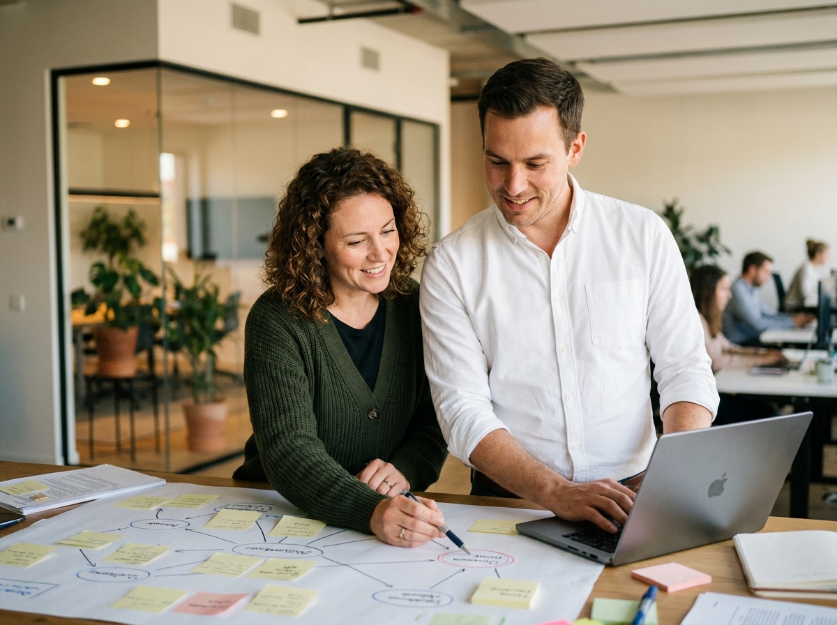 Deux professionnels de la sécurité informatique analysant des schémas réseau imprimés sur une table de bureau moderne