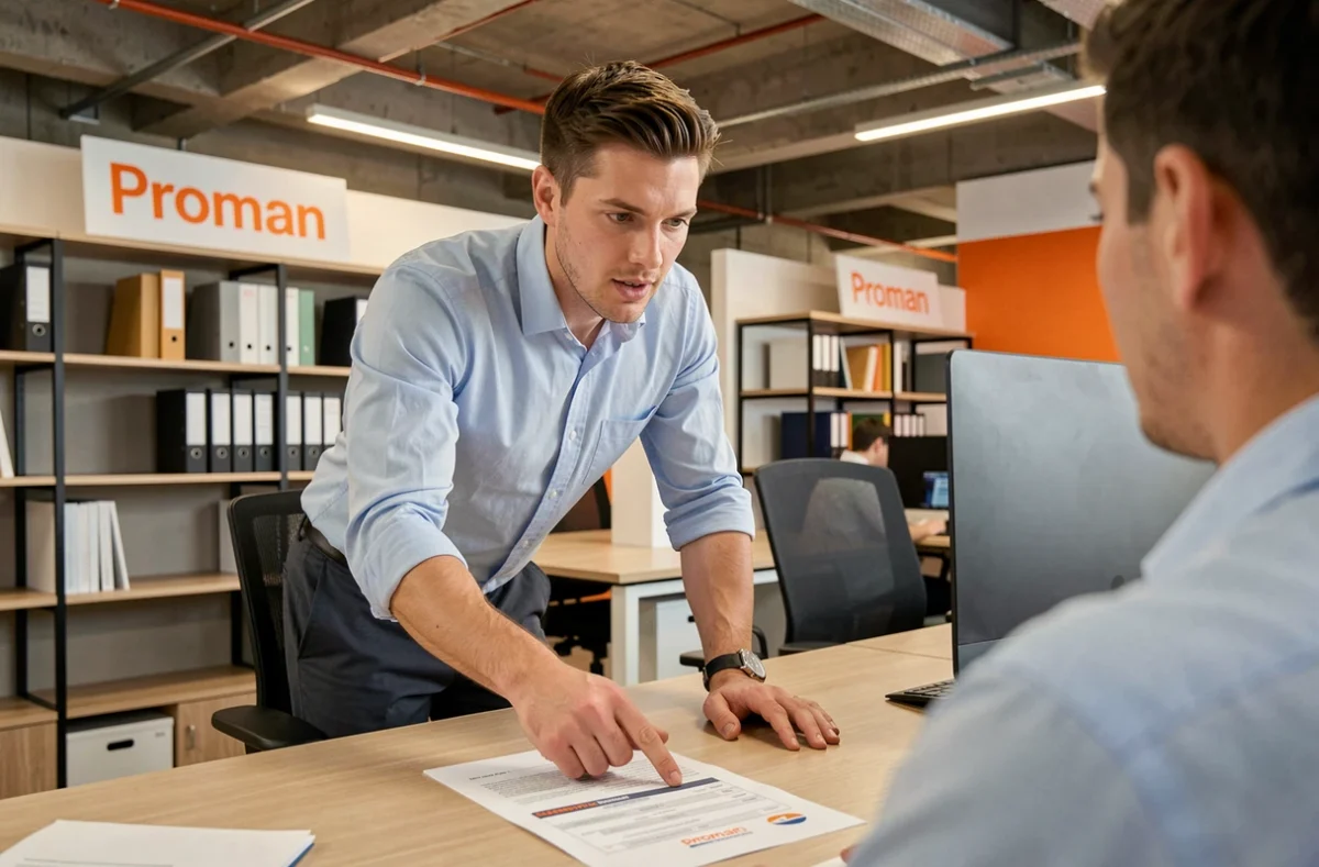 Conseiller Proman en chemise bleue expliquant un formulaire d'évaluation dans une agence d'intérim