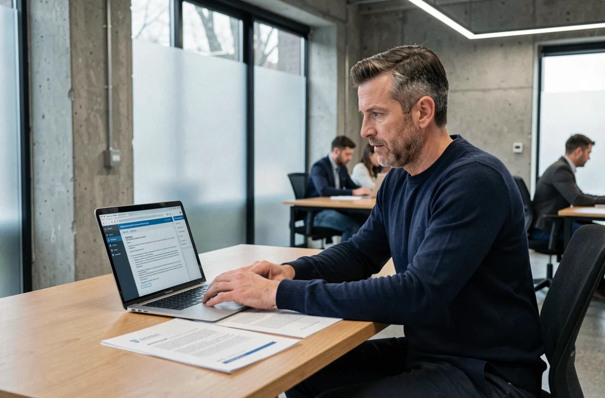 Psychologue indépendant examinant un contrat de portage salarial dans un espace de coworking