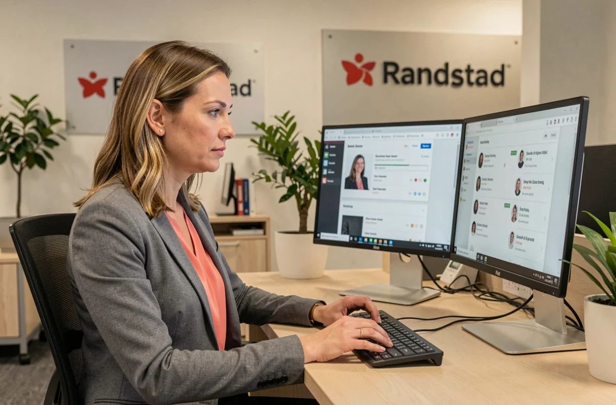 Recruteuse Randstad à Mérignac devant un poste de travail double écran avec des profils de candidats