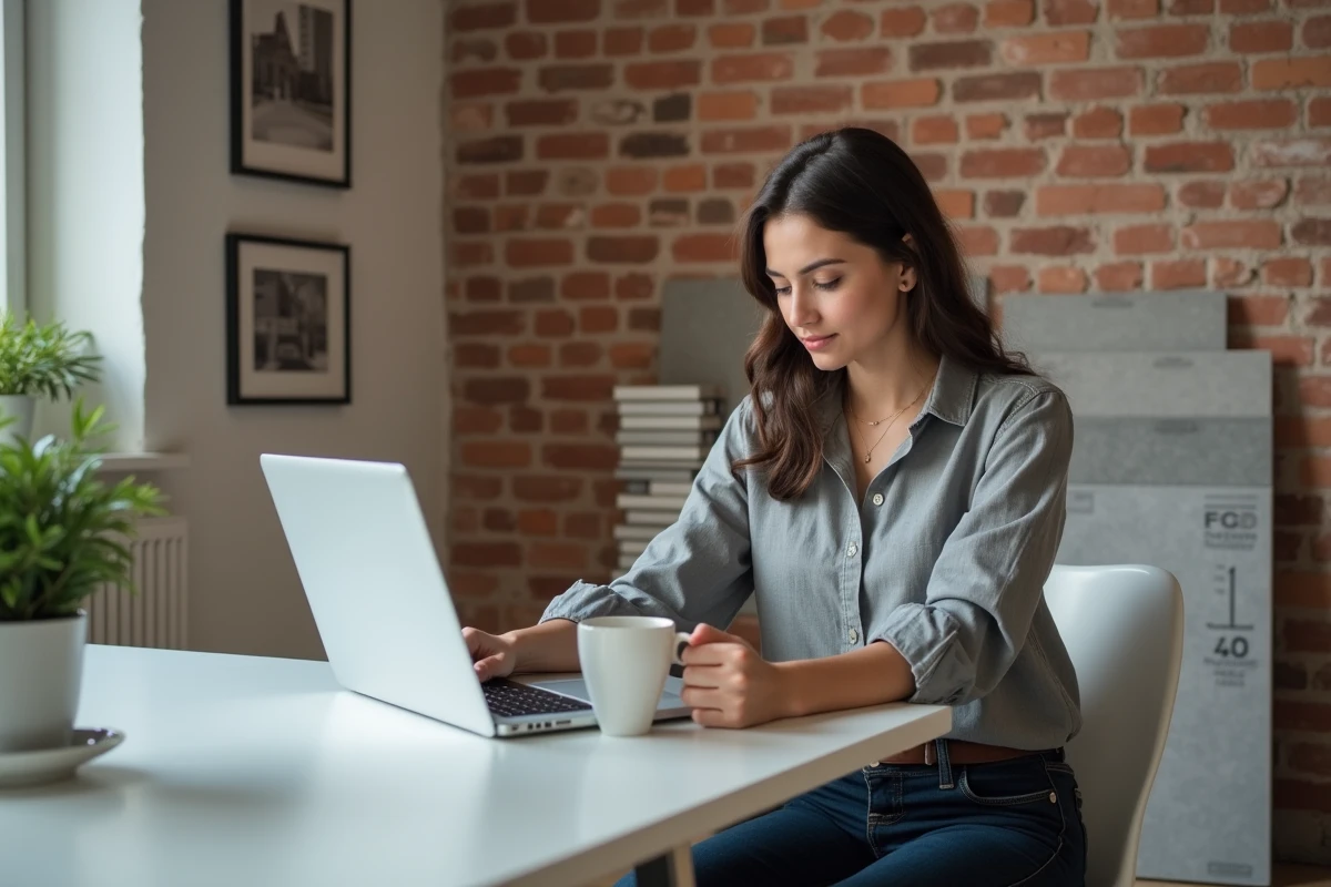 Femme recherchant des artisans en ligne sur une plateforme de devis travaux depuis son bureau à domicile