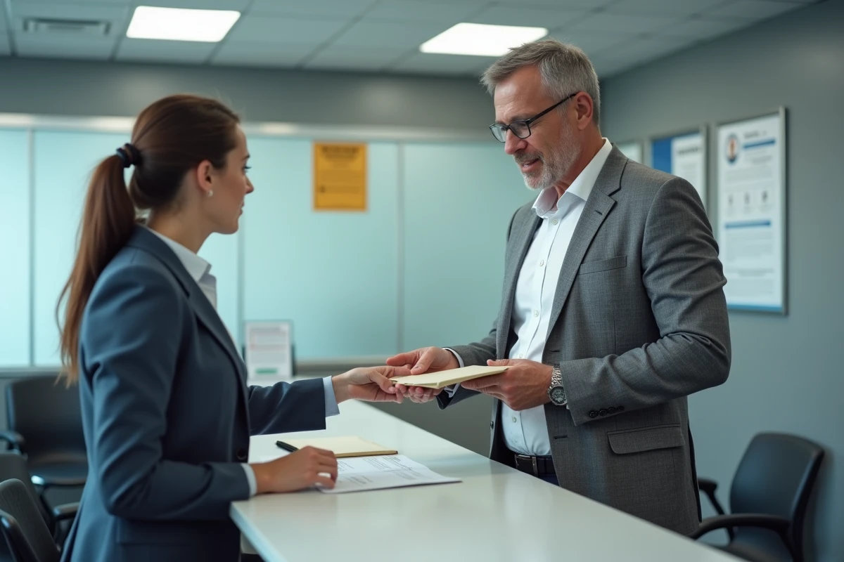 Salarié déposant un courrier de réclamation pour prime CDD impayée dans une administration du travail