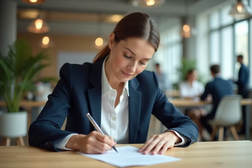 Femme professionnelle rédigeant une lettre formelle avec formule de politesse à son bureau