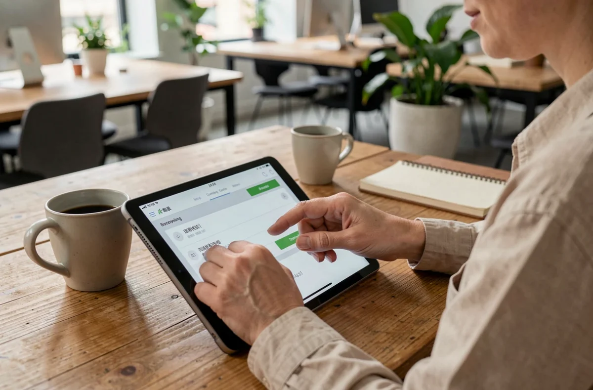 Mains d'une femme utilisant une application de réservation d'espace de coworking sur une tablette posée sur un bureau en bois