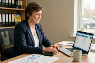 Responsable d'auto-école comparant un tableur papier à un logiciel de gestion numérique sur ordinateur portable