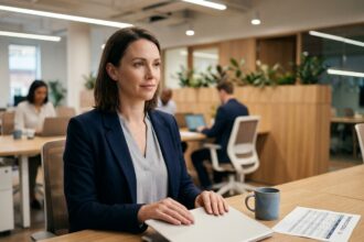 Responsable formation sereine fermant son ordinateur portable dans un bureau moderne, symbolisant la gestion simplifiée des plans de formation