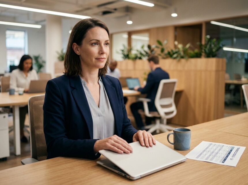 Responsable formation sereine fermant son ordinateur portable dans un bureau moderne, symbolisant la gestion simplifiée des plans de formation