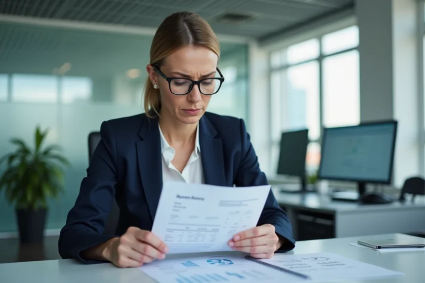 Responsable RH examinant un rapport de paie avec des erreurs annotées sur un bureau de travail moderne avec écrans et logiciel RH ouvert