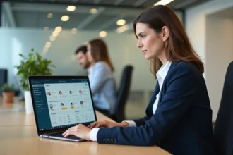 Responsable RH utilisant un coffre-fort numérique sur ordinateur portable dans un bureau moderne