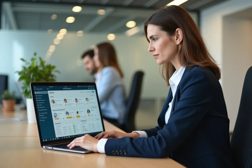 Responsable RH utilisant un coffre-fort numérique sur ordinateur portable dans un bureau moderne