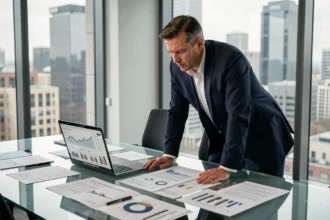 Réunion d'affaires professionnelle dans un bureau moderne avec documents financiers et analyse stratégique d'entreprise