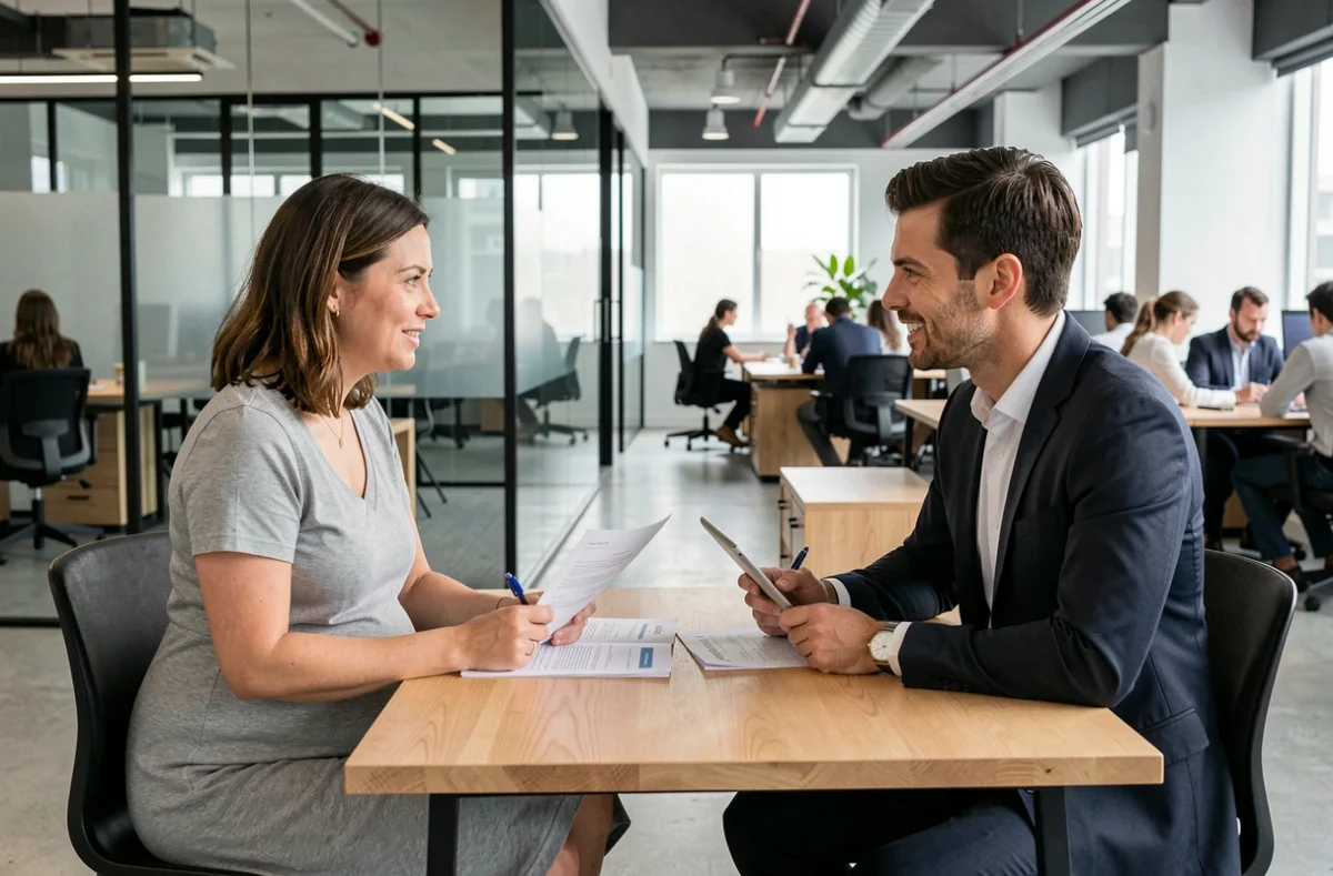 Femme enceinte en réunion avec un conseiller en portage salarial dans un espace de coworking pour préparer ses démarches de congé maternité