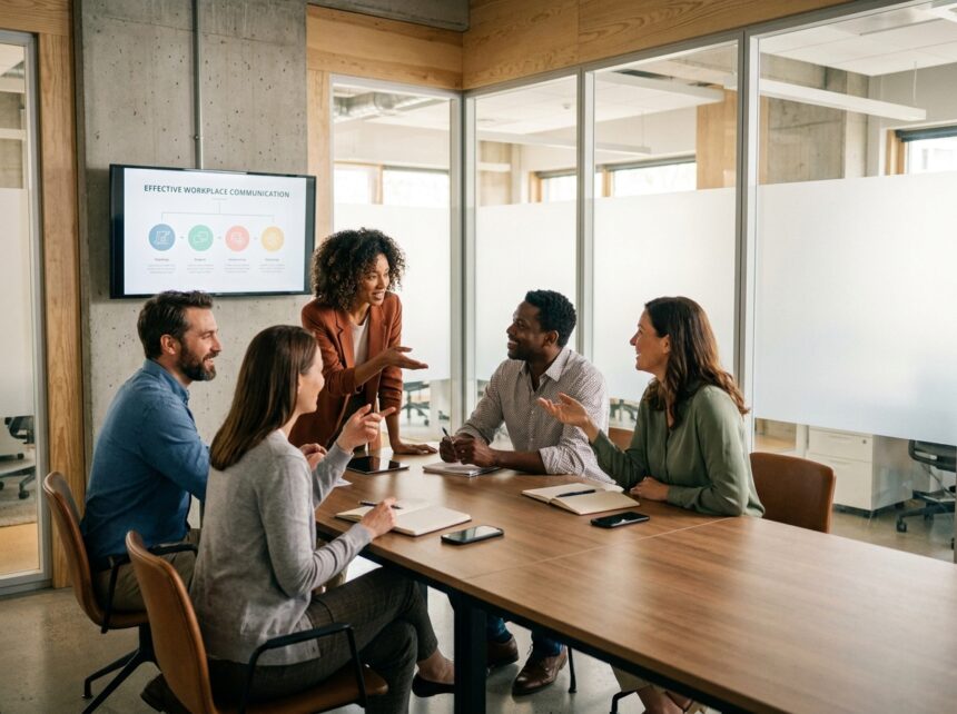 Réunion d'équipe CSE autour d'une table de conférence moderne avec présentation de communication interne