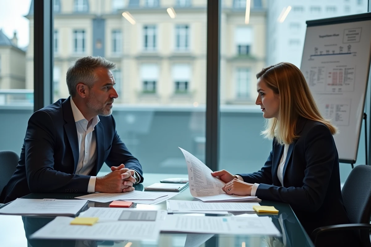Deux professionnels discutant de dossiers de dépôt de marque et brevet autour d'une table de réunion