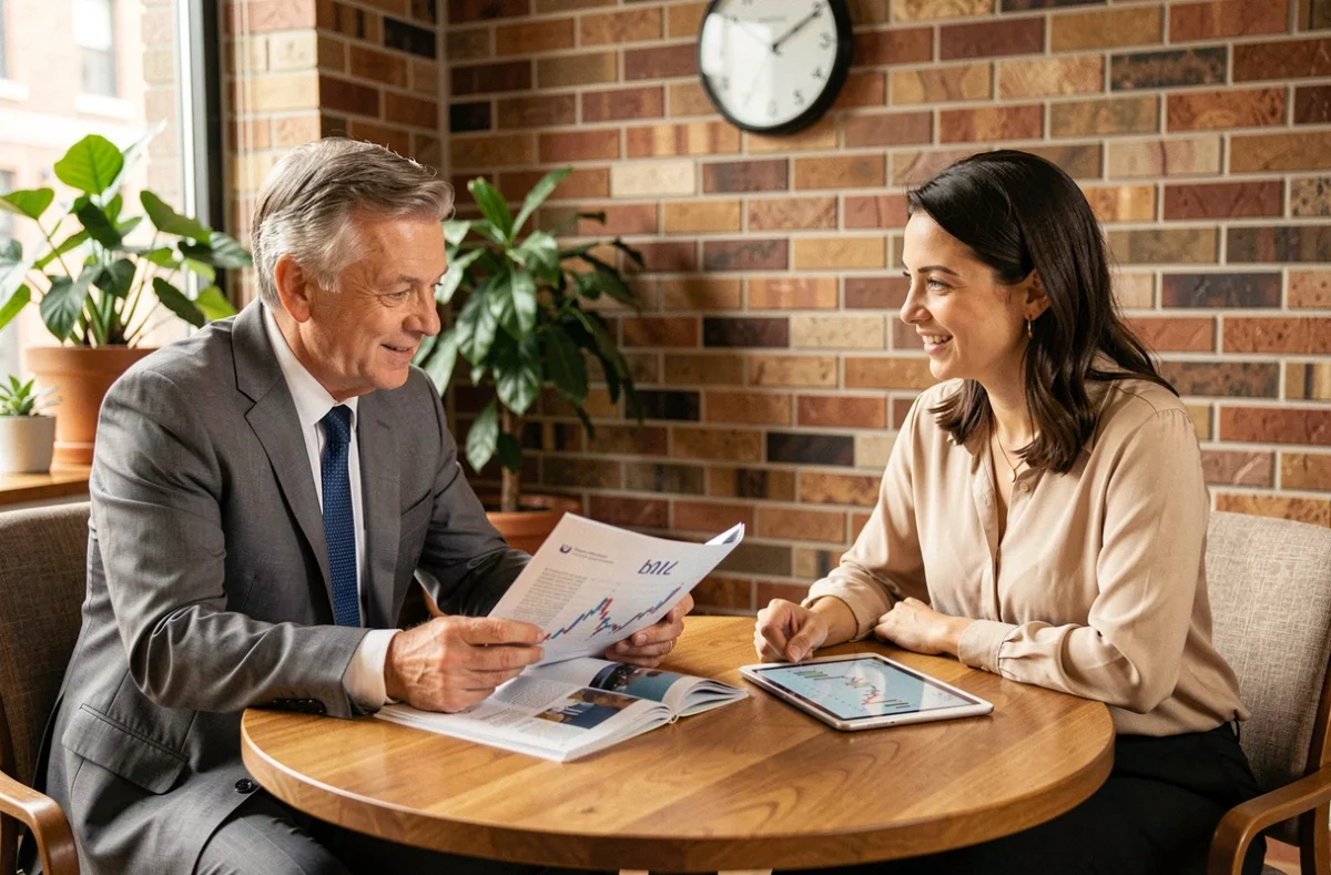Deux professionnels de PME consultant un magazine économique et des données numériques lors d'une réunion d'affaires