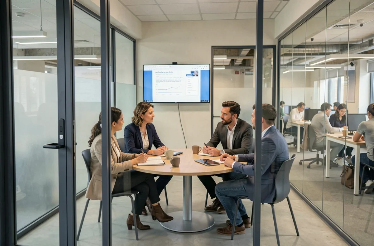 Réunion professionnelle dans une salle de réunion en verre d'un espace de coworking à La Chapelle-sur-Erdre