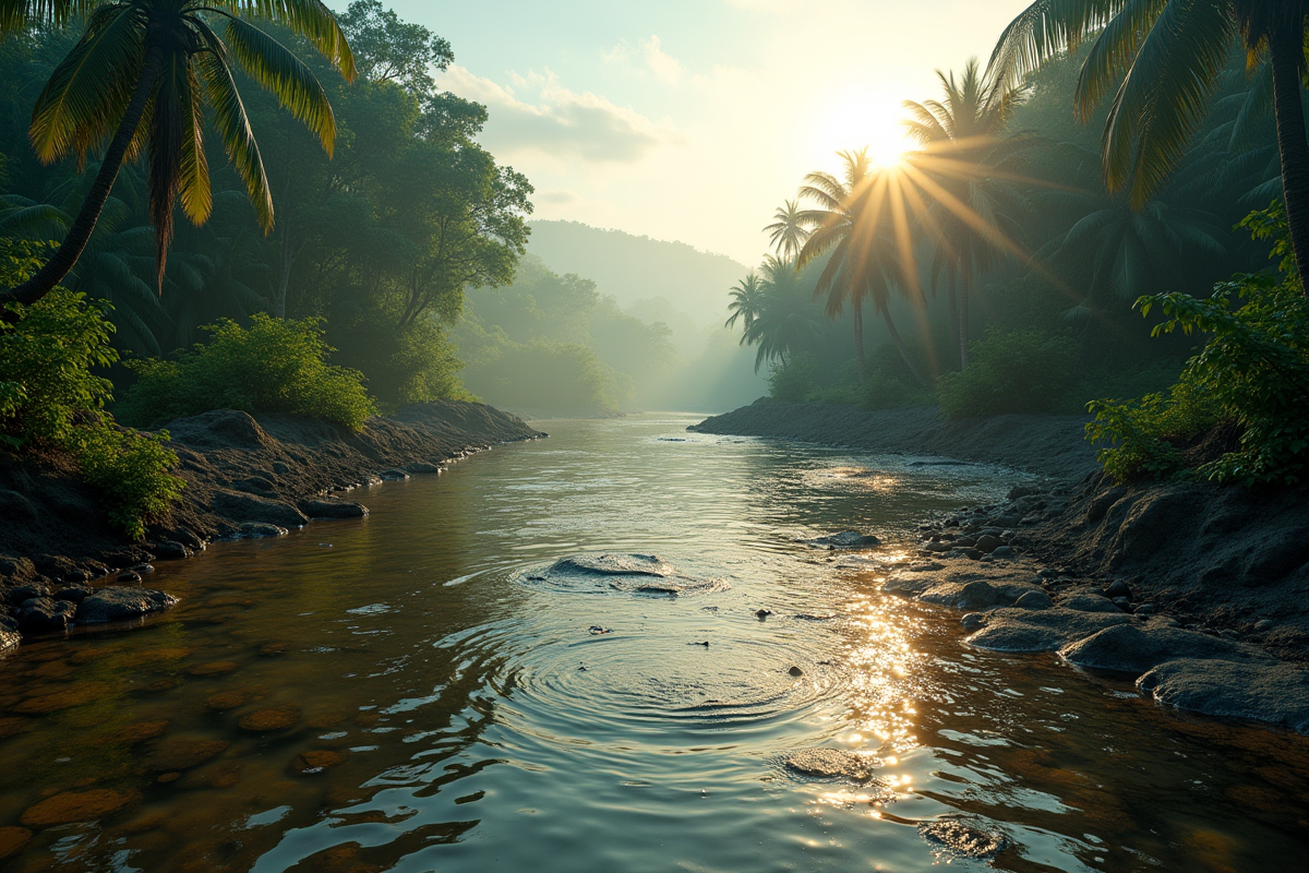 Rivière polluée traversant une forêt tropicale déboisée
