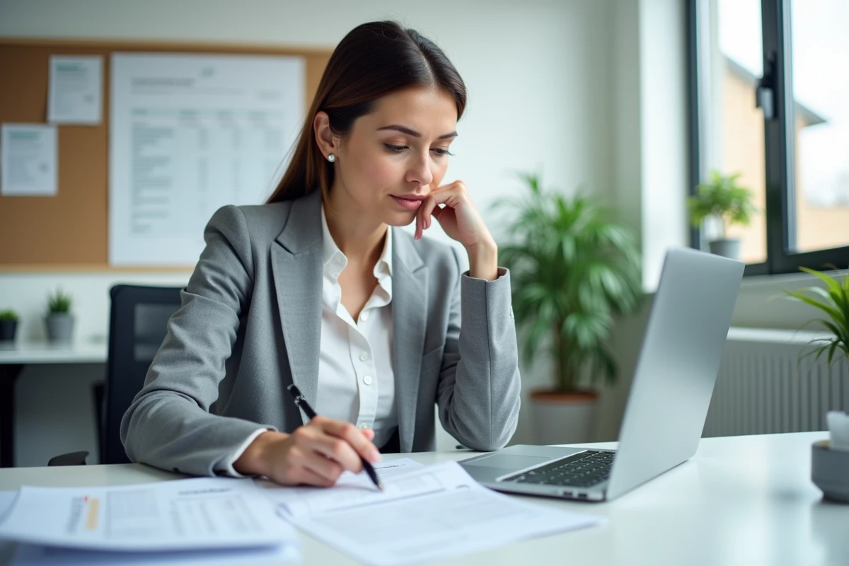 Femme en situation de handicap examinant des fiches de paie dans un bureau administratif, en lien avec le salaire net ESAT et les droits en cas d'arrêt maladie
