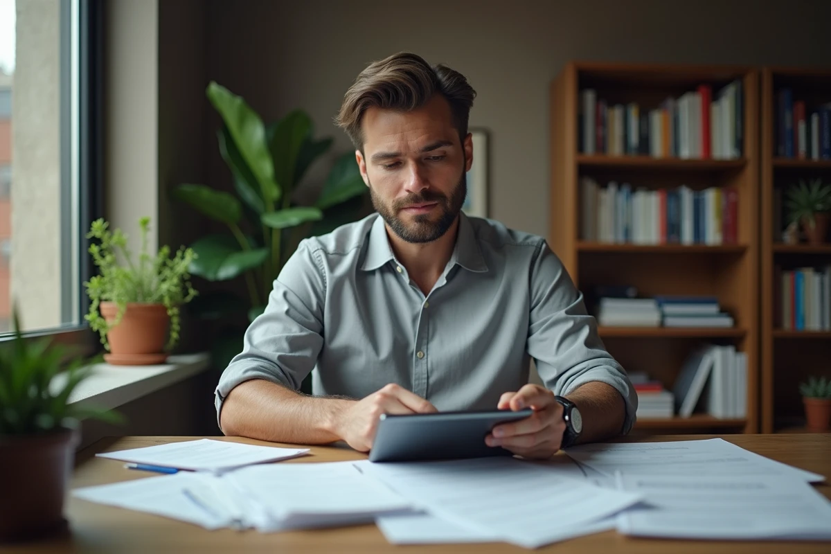 Salarié consultant son coffre-fort numérique RH sur tablette depuis son domicile pour vérifier la conformité RGPD de ses documents