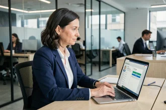 Salariée Auchan accédant à son espace RH sécurisé HR4YOU sur un ordinateur portable en open space professionnel