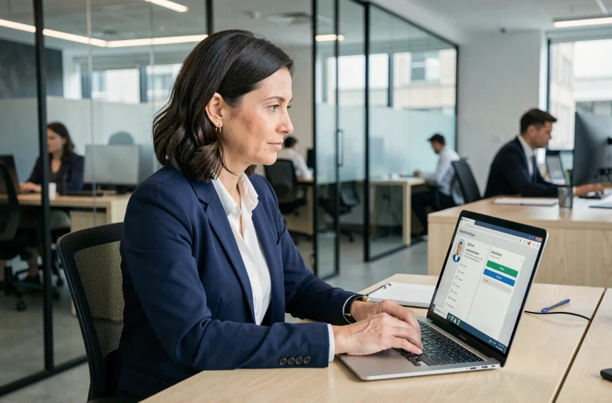 Salariée Auchan accédant à son espace RH sécurisé HR4YOU sur un ordinateur portable en open space professionnel