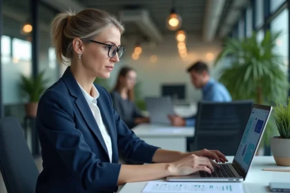 Employée vérifiant ses données personnelles sur MyPeopleDoc dans un bureau moderne, illustrant la conformité RGPD en entreprise