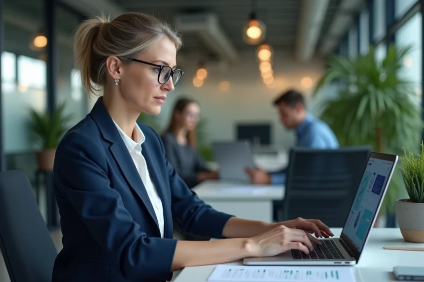 Employée vérifiant ses données personnelles sur MyPeopleDoc dans un bureau moderne, illustrant la conformité RGPD en entreprise