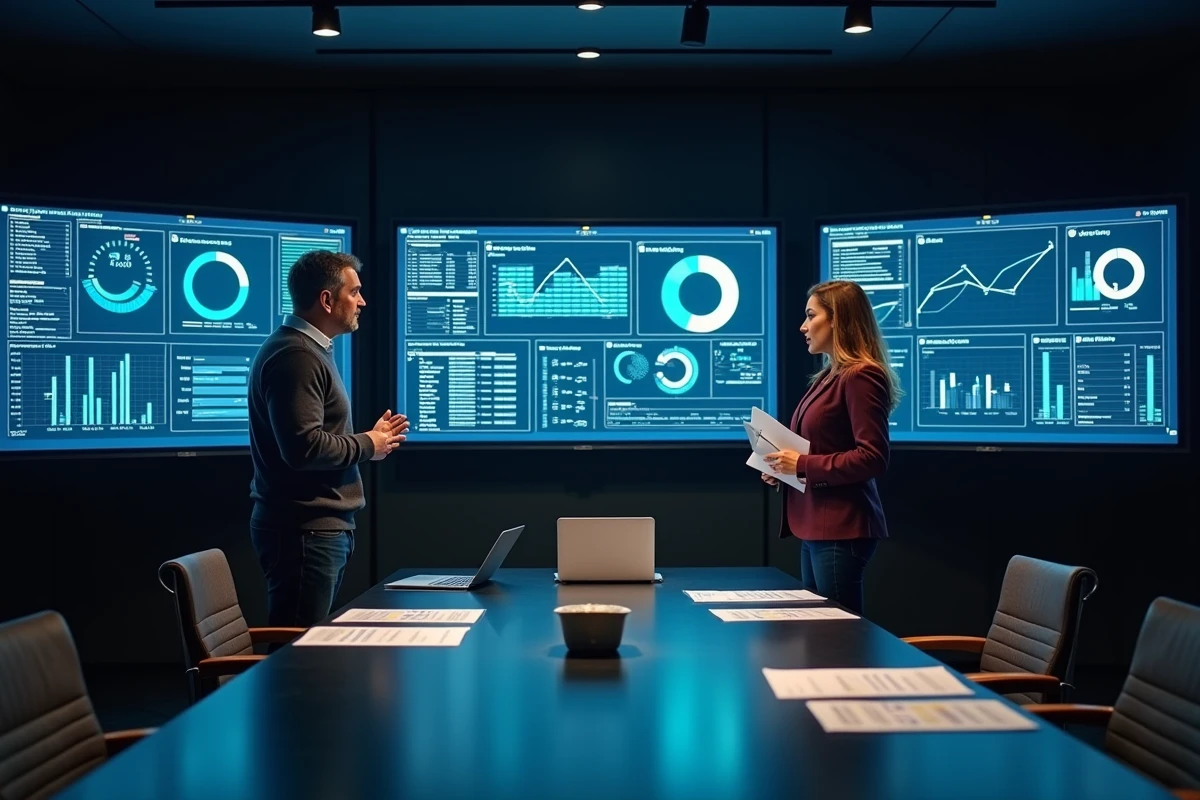Salle d'analyse de données avec écrans muraux affichant des tableaux de bord BI et deux professionnels discutant des performances de connexion