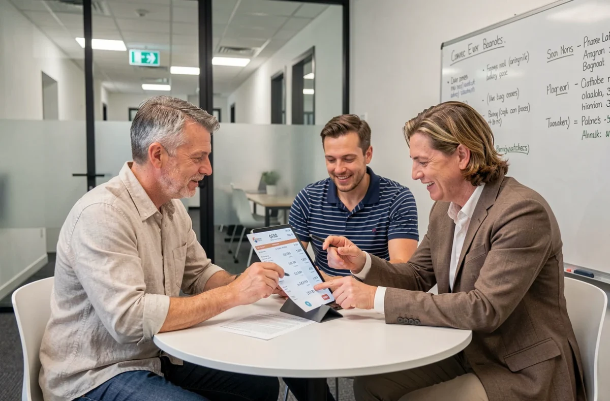 Réunion dans une salle de coworking à Bagnolet, trois professionnels consultant une liste de tarifs sur tablette