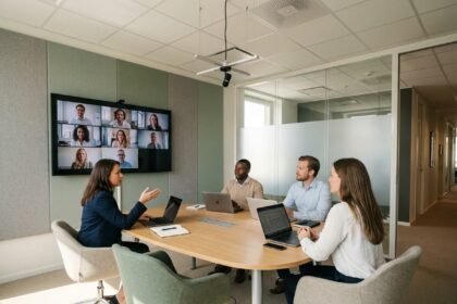 Salle de réunion hybride moderne avec écran de visioconférence et collaborateurs autour d'une table en chêne