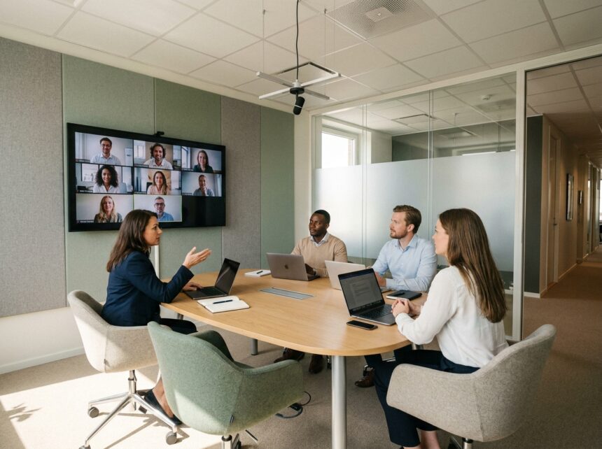 Salle de réunion hybride moderne avec écran de visioconférence et collaborateurs autour d'une table en chêne
