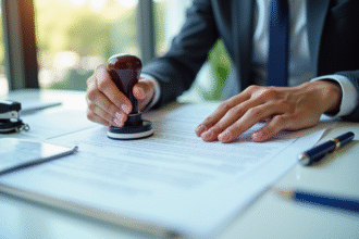 Mains apposant un sceau sur un document officiel sur un bureau organisé