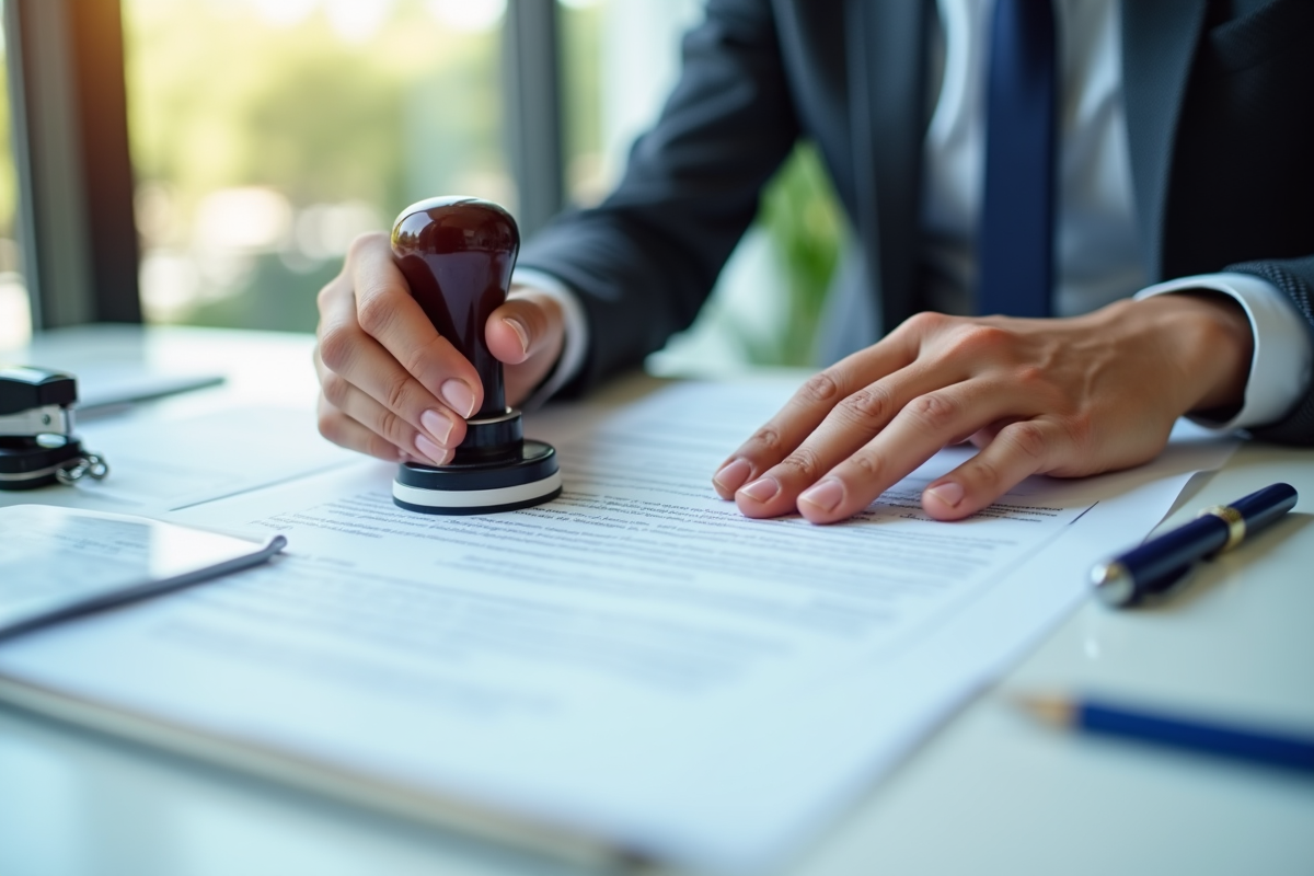 Mains apposant un sceau sur un document officiel sur un bureau organisé