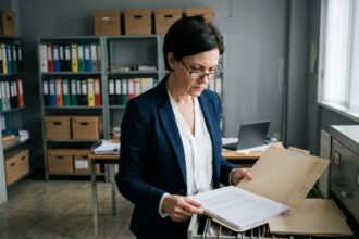 Responsable de sécurité informatique consultant des archives papier dans une salle de classement d'entreprise